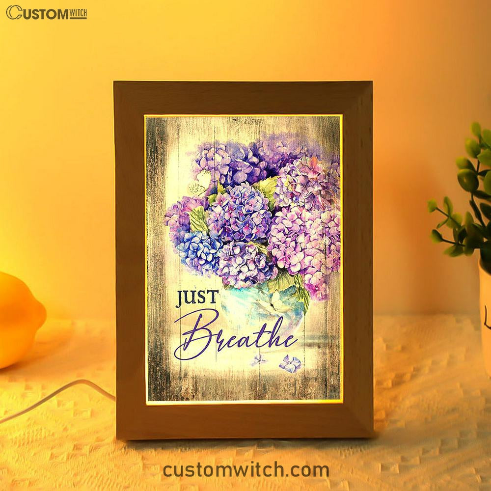 Just Breathe Hydrangea Purple Flower Art Frame Lamp - Bible Verse Wooden Lamp - Christian Art Home Decor