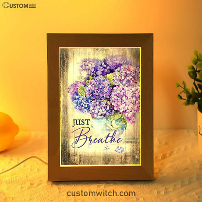 Just Breathe Hydrangea Purple Flower Art Frame Lamp - Bible Verse Wooden Lamp - Christian Art Home Decor
