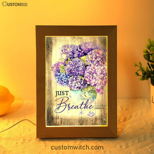 Just Breathe Hydrangea Purple Flower Art Frame Lamp - Bible Verse Wooden Lamp - Christian Art Home Decor