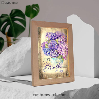 Just Breathe Hydrangea Purple Flower Art Frame Lamp - Bible Verse Wooden Lamp - Christian Art Home Decor