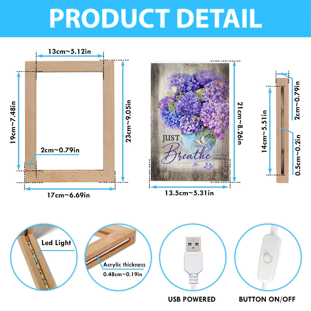 Just Breathe Hydrangea Purple Flower Art Frame Lamp - Bible Verse Wooden Lamp - Christian Art Home Decor