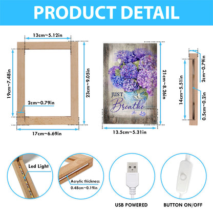 Just Breathe Hydrangea Purple Flower Art Frame Lamp - Bible Verse Wooden Lamp - Christian Art Home Decor
