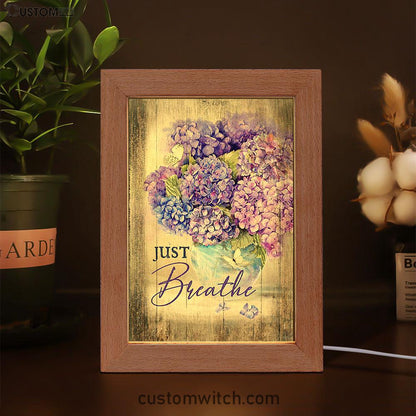 Just Breathe Hydrangea Purple Flower Art Frame Lamp - Bible Verse Wooden Lamp - Christian Art Home Decor