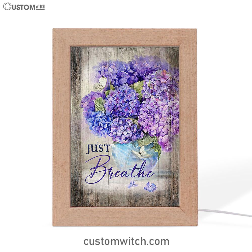 Just Breathe Hydrangea Purple Flower Art Frame Lamp - Bible Verse Wooden Lamp - Christian Art Home Decor
