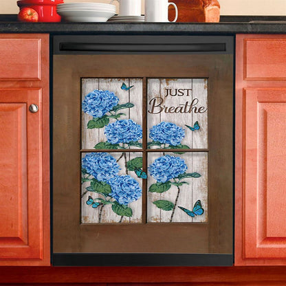 Just Breathe Hydrangea Purple Flower Dishwasher Cover, Bible Verse Dishwasher Wrap, Christian Kitchen Decoration