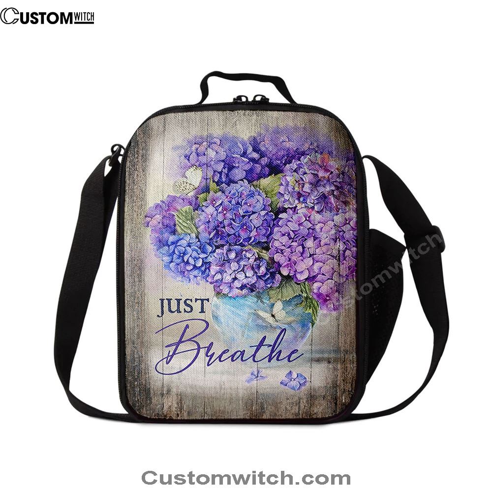 Just Breathe Hydrangea Purple Flower Lunch Bag, Christian Lunch Box For School, Picnic