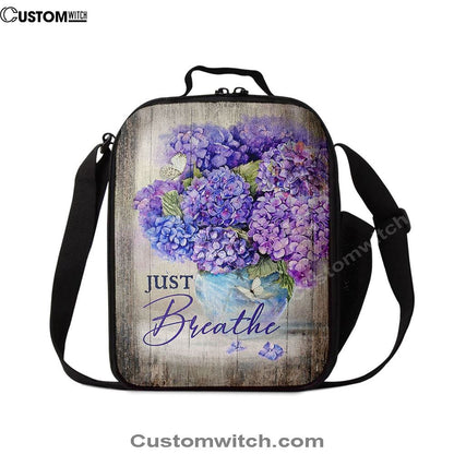 Just Breathe Hydrangea Purple Flower Lunch Bag, Christian Lunch Box For School, Picnic