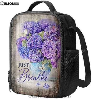 Just Breathe Hydrangea Purple Flower Lunch Bag, Christian Lunch Box For School, Picnic