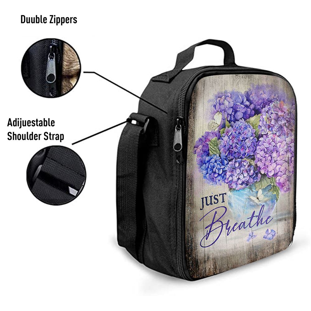 Just Breathe Hydrangea Purple Flower Lunch Bag, Christian Lunch Box For School, Picnic
