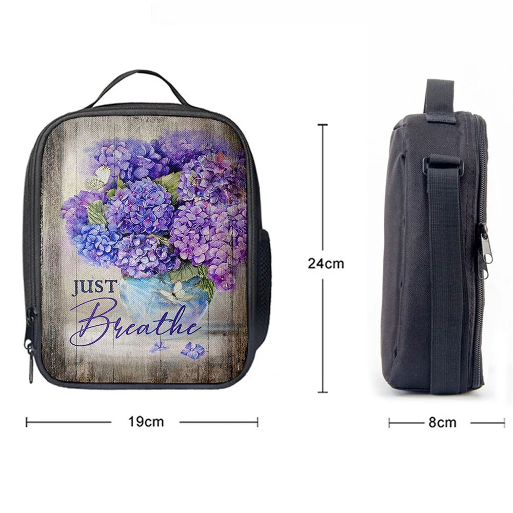 Just Breathe Hydrangea Purple Flower Lunch Bag, Christian Lunch Box For School, Picnic