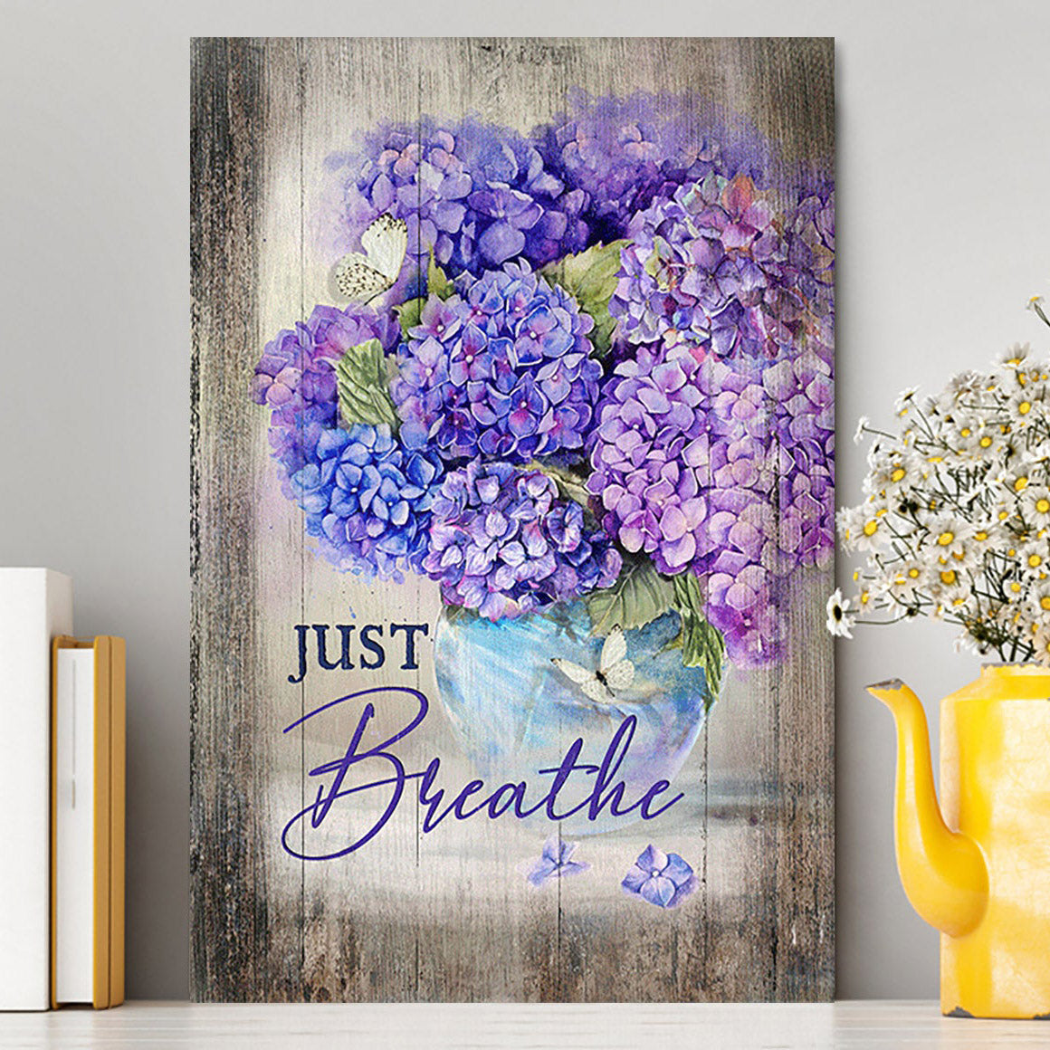 Just Breathe Hydrangea Purple Flower Wall Art Canvas - Bible Verse Canvas Art - Christian Wall Art Home Decor