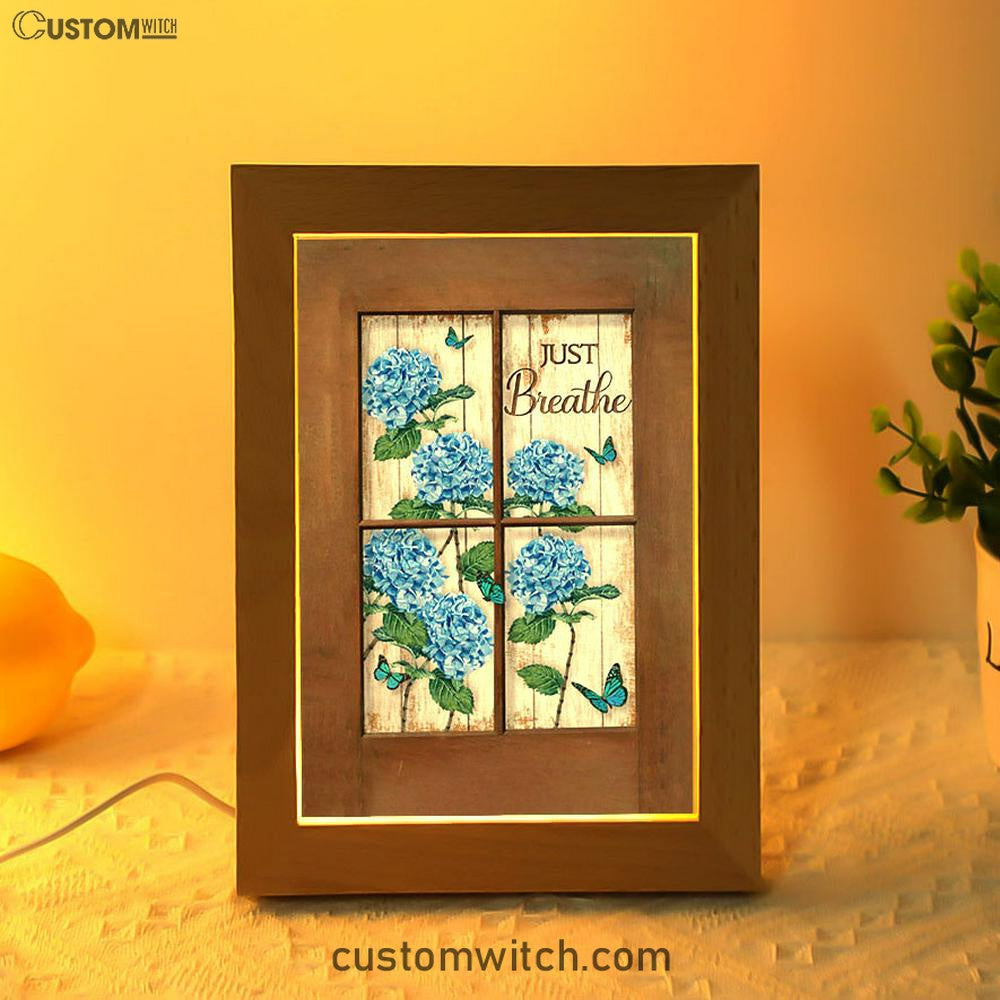 Just Breathe Hydrangeas Blue Flower Butterfly Art Frame Lamp - Bible Verse Wooden Lamp - Christian Art Home Decor