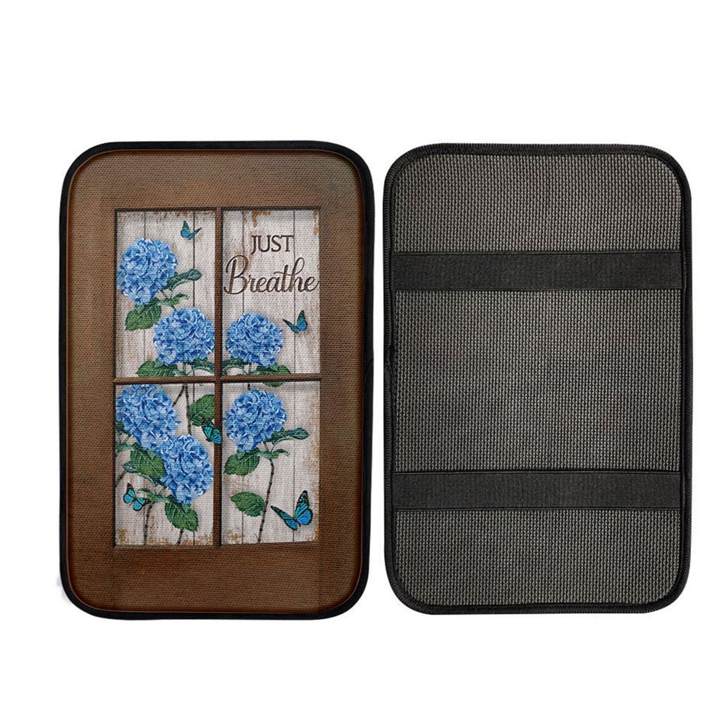 Just Breathe Hydrangeas Blue Flower Butterfly Car Center Console Cover, God Car Armrest Accessories