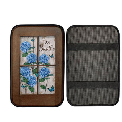 Just Breathe Hydrangeas Blue Flower Butterfly Car Center Console Cover, God Car Armrest Accessories