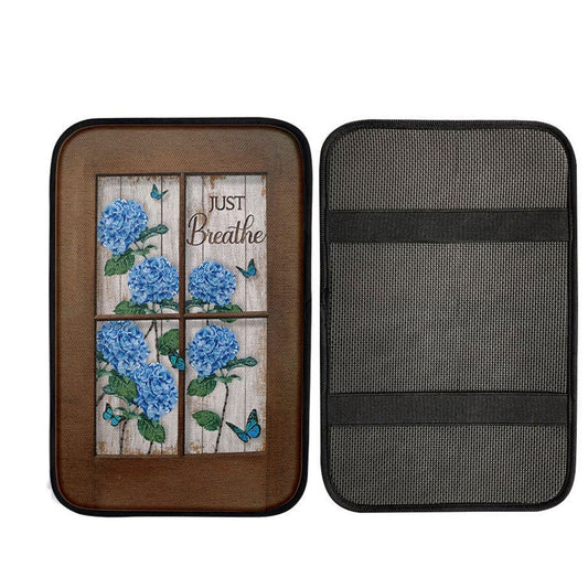 Just Breathe Hydrangeas Blue Flower Butterfly Car Center Console Cover, God Car Armrest Accessories