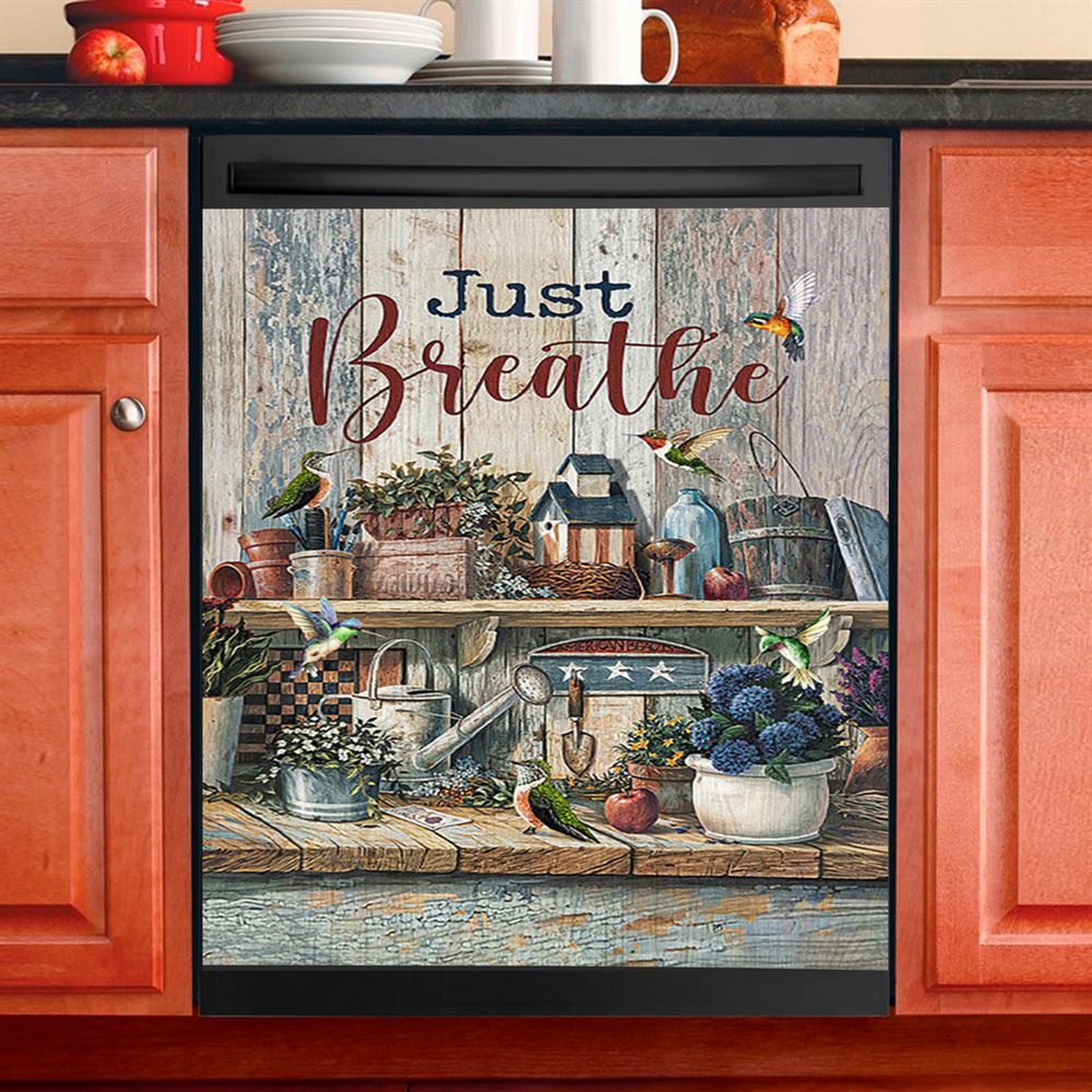 Just Breathe Hydrangeas Blue Flower Butterfly Dishwasher Cover, Bible Verse Dishwasher Wrap, Christian Kitchen Decoration