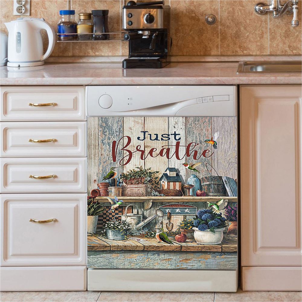 Just Breathe Hydrangeas Blue Flower Butterfly Dishwasher Cover, Bible Verse Dishwasher Wrap, Christian Kitchen Decoration