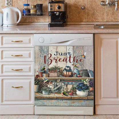 Just Breathe Hydrangeas Blue Flower Butterfly Dishwasher Cover, Bible Verse Dishwasher Wrap, Christian Kitchen Decoration