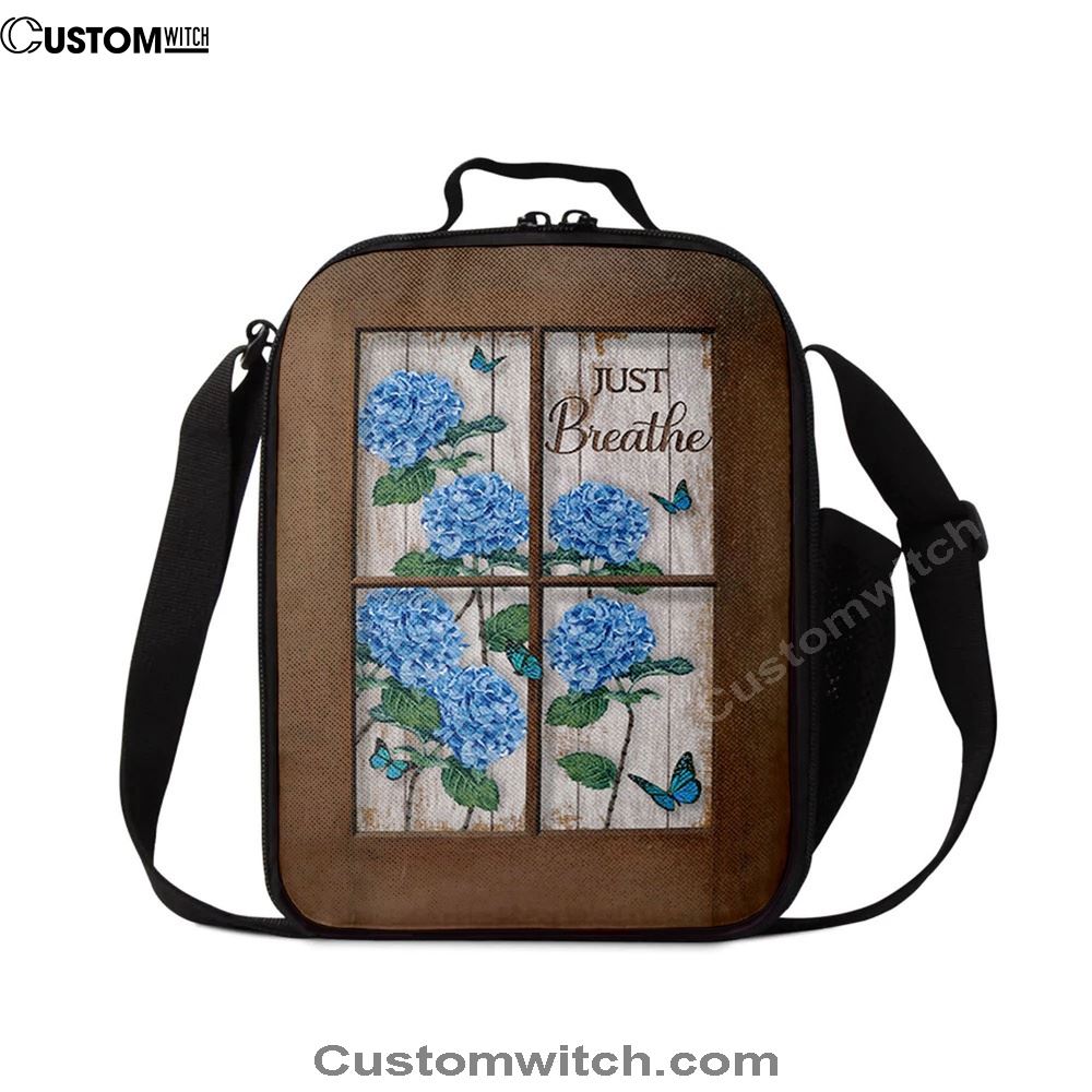 Just Breathe Hydrangeas Blue Flower Butterfly Lunch Bag, Christian Lunch Box For School, Picnic