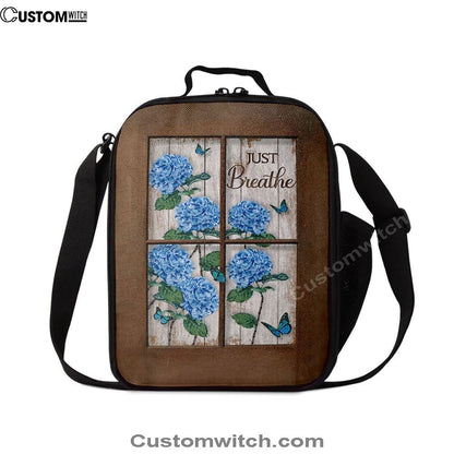 Just Breathe Hydrangeas Blue Flower Butterfly Lunch Bag, Christian Lunch Box For School, Picnic
