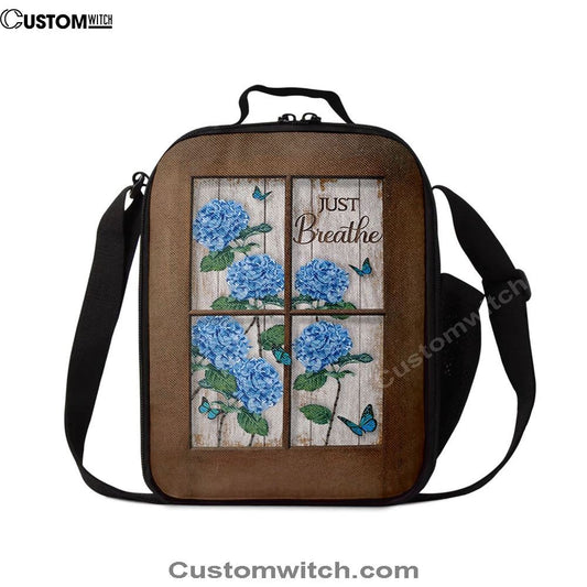 Just Breathe Hydrangeas Blue Flower Butterfly Lunch Bag, Christian Lunch Box For School, Picnic