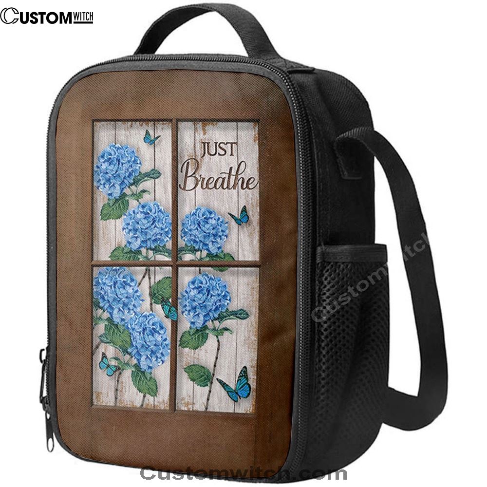 Just Breathe Hydrangeas Blue Flower Butterfly Lunch Bag, Christian Lunch Box For School, Picnic