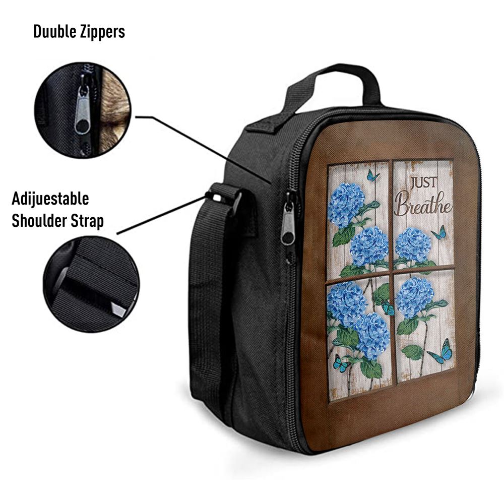 Just Breathe Hydrangeas Blue Flower Butterfly Lunch Bag, Christian Lunch Box For School, Picnic