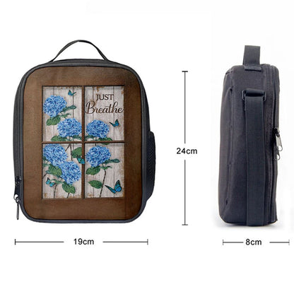 Just Breathe Hydrangeas Blue Flower Butterfly Lunch Bag, Christian Lunch Box For School, Picnic