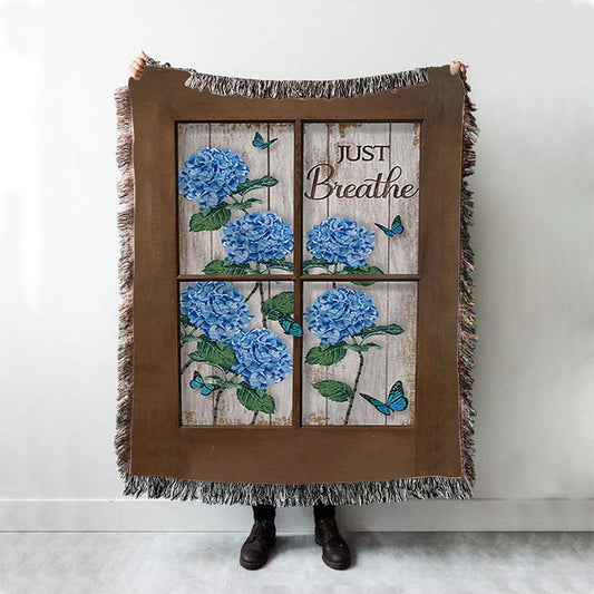 Just Breathe Hydrangeas Blue Flower Butterfly Throw Blanket Woven Blanket - Bible Verse Woven Blanket Art - Christian Throw Blanket Home Decor