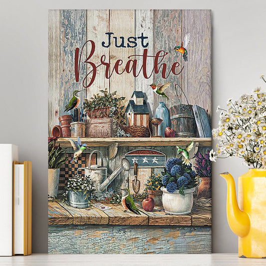 Just Breathe Kitchen Hummingbird Wall Art Canvas - Bible Verse Canvas Art - Christian Wall Art Home Decor