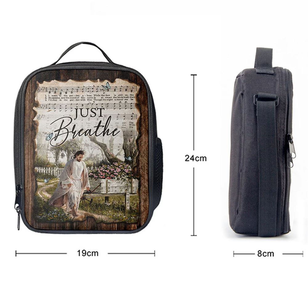 Just Breathe Music Sheet Walking With Jesus Pretty Flower Garden Lunch Bag, Christian Lunch Box For School, Picnic