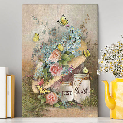 Just Breathe Pastel Flower Vase Yellow Butterfly Canvas Art - Christian Art - Bible Verse Wall Art - Religious Home Decor