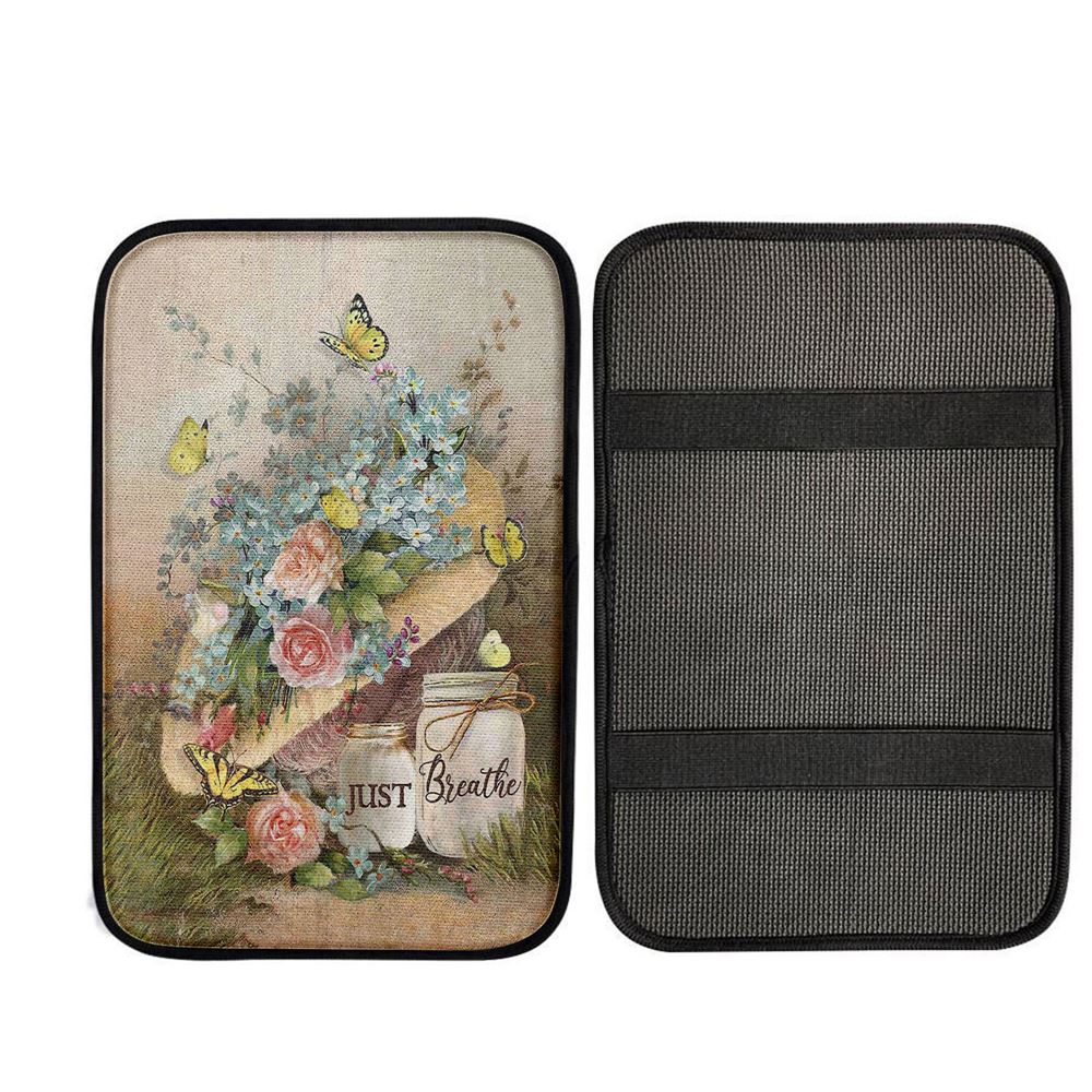 Just Breathe Pastel Flower Vase Yellow Butterfly Car Center Console Cover, God Car Armrest Accessories