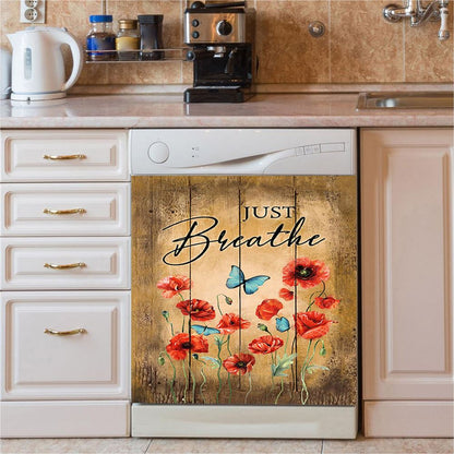 Just Breathe Pastel Flower Vase Yellow Butterfly Dishwasher Cover, Christian Dishwasher Wrap, Bible Verse Kitchen Decoration