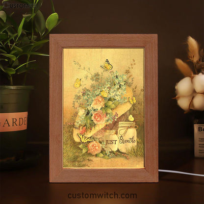 Just Breathe Pastel Flower Vase Yellow Butterfly Frame Lamp Art - Christian Art - Bible Verse Art - Religious Home Decor