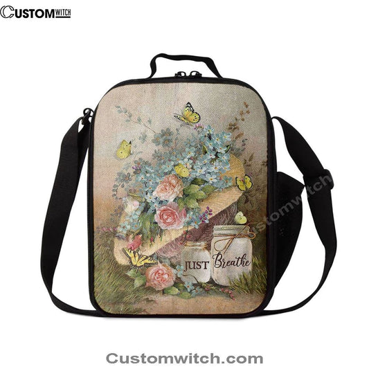 Just Breathe Pastel Flower Vase Yellow Butterfly Lunch Bag, Christian Lunch Box For School, Picnic