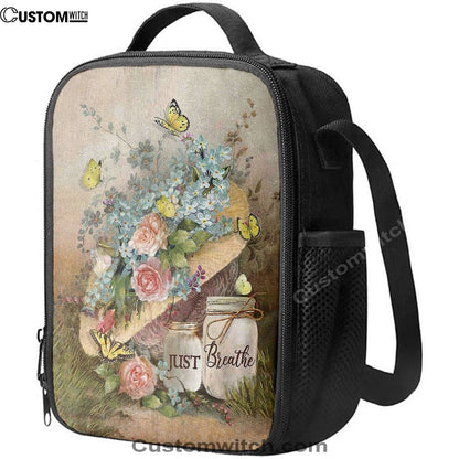 Just Breathe Pastel Flower Vase Yellow Butterfly Lunch Bag, Christian Lunch Box For School, Picnic