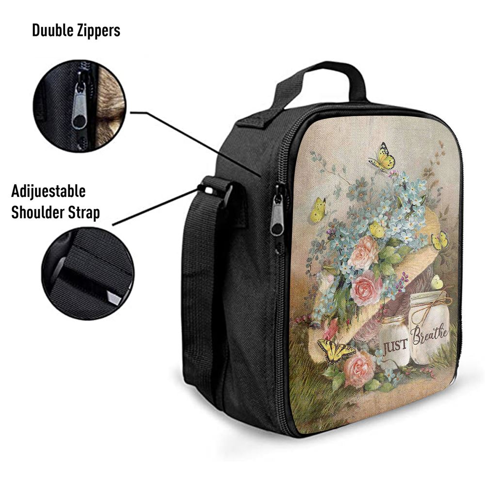 Just Breathe Pastel Flower Vase Yellow Butterfly Lunch Bag, Christian Lunch Box For School, Picnic