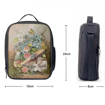 Just Breathe Pastel Flower Vase Yellow Butterfly Lunch Bag, Christian Lunch Box For School, Picnic