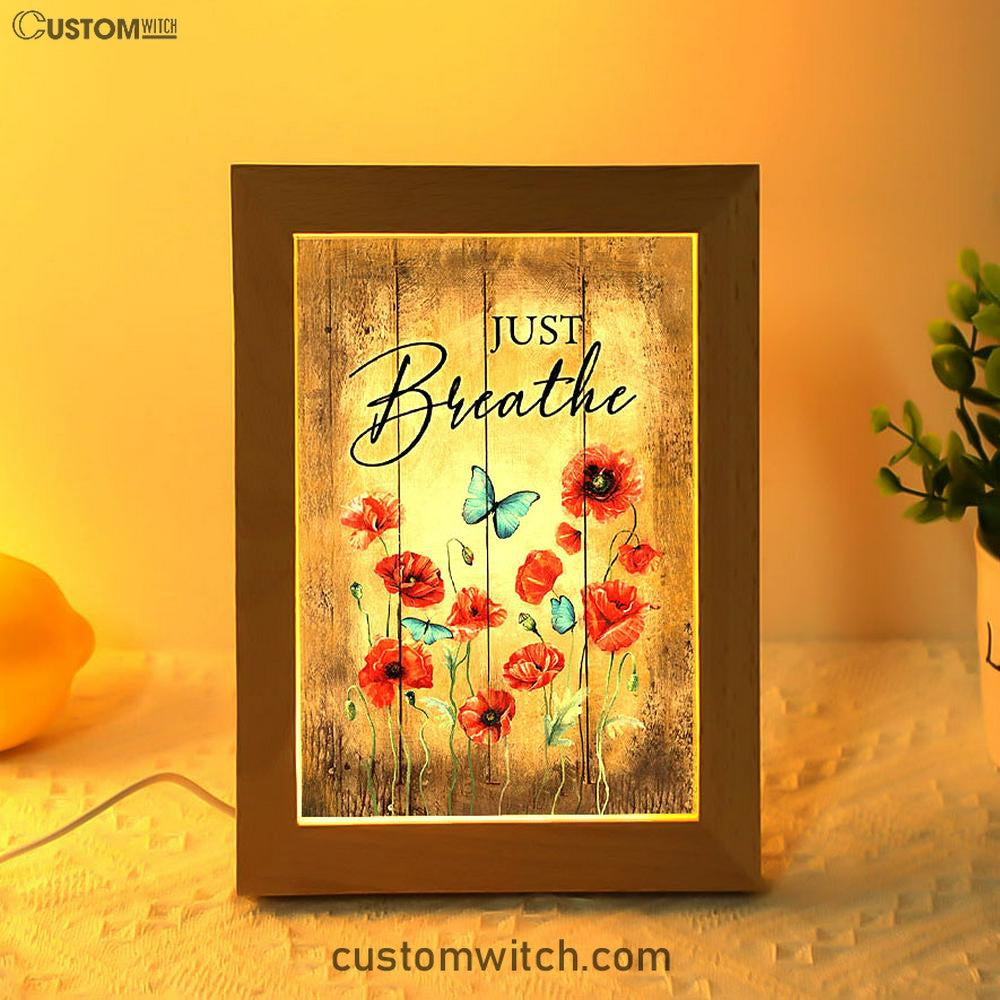 Just Breathe Poppy Blue Butterfly Art Frame Lamp - Bible Verse Wooden Lamp - Christian Art Home Decor