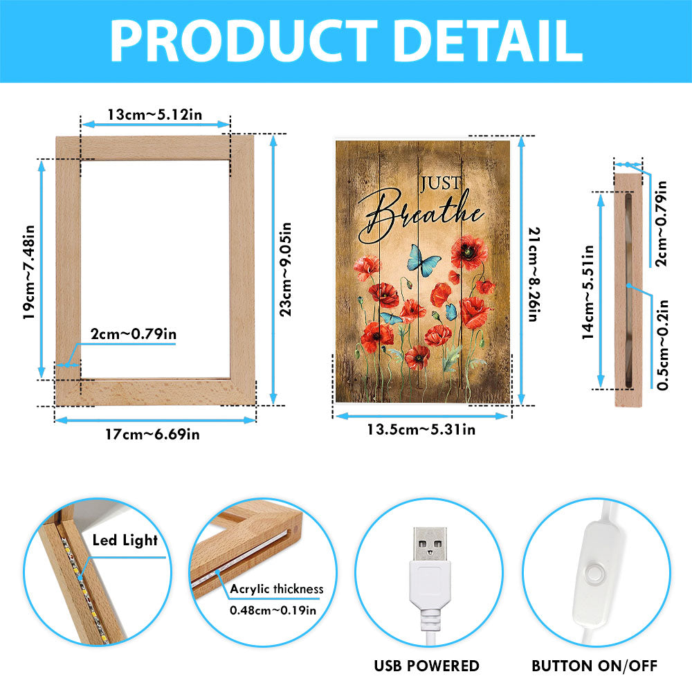 Just Breathe Poppy Blue Butterfly Art Frame Lamp - Bible Verse Wooden Lamp - Christian Art Home Decor