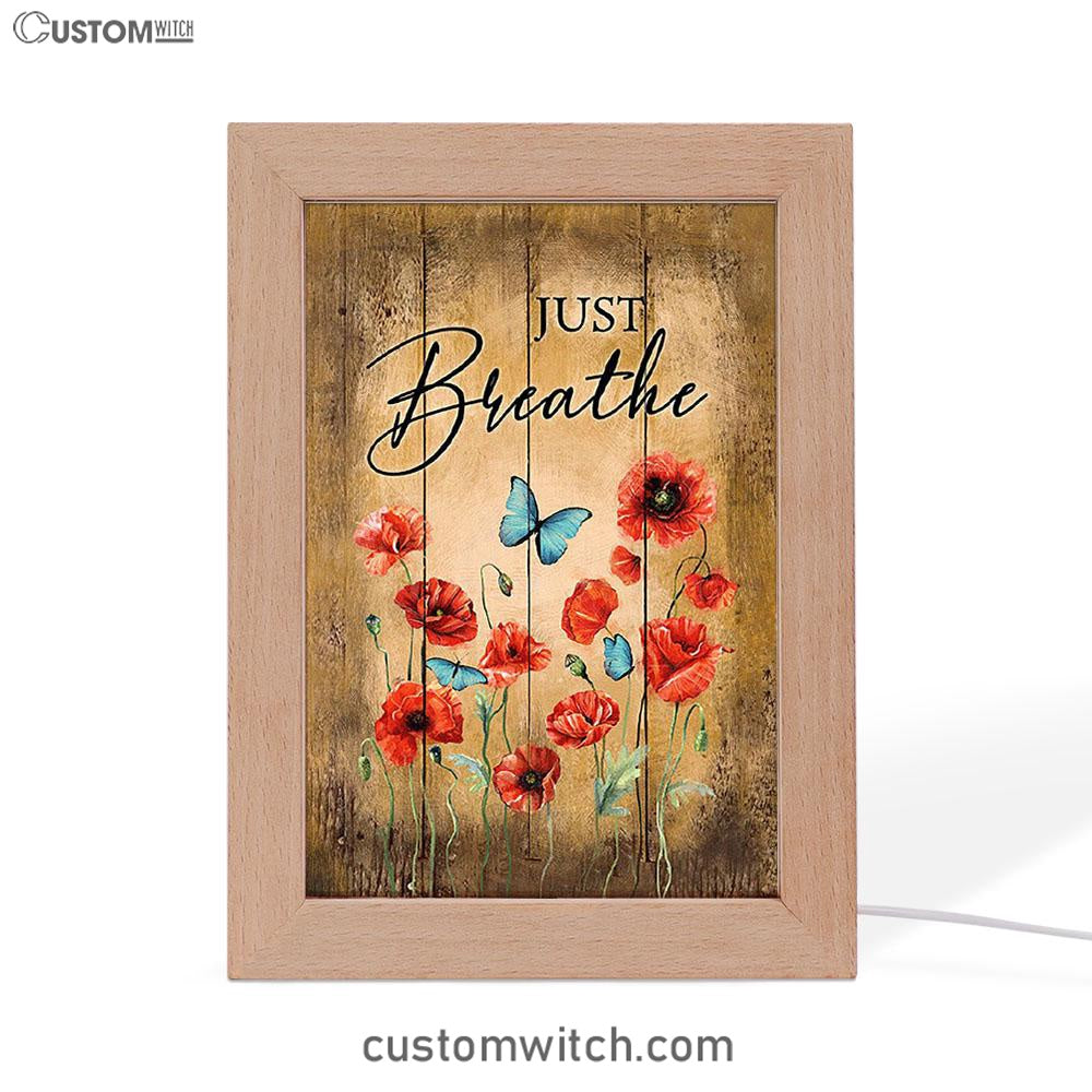Just Breathe Poppy Blue Butterfly Art Frame Lamp - Bible Verse Wooden Lamp - Christian Art Home Decor