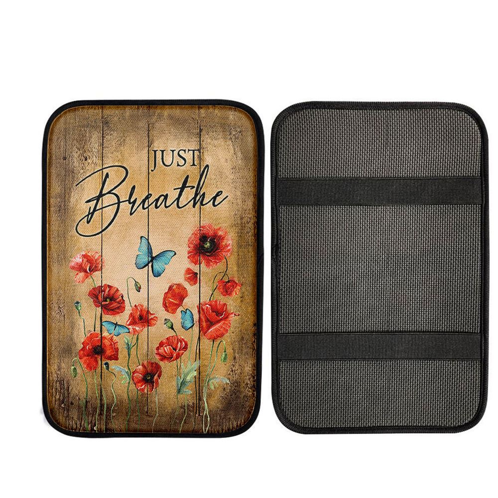 Just Breathe Poppy Blue Butterfly Car Center Console Cover, God Car Armrest Accessories