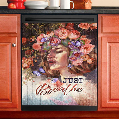 Just Breathe Poppy Blue Butterfly Dishwasher Cover, Bible Verse Dishwasher Wrap, Christian Kitchen Decoration
