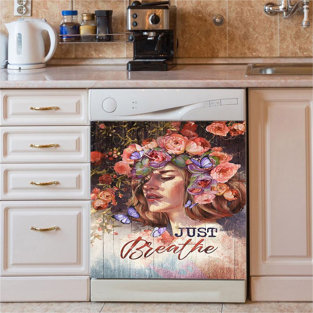 Just Breathe Poppy Blue Butterfly Dishwasher Cover, Bible Verse Dishwasher Wrap, Christian Kitchen Decoration