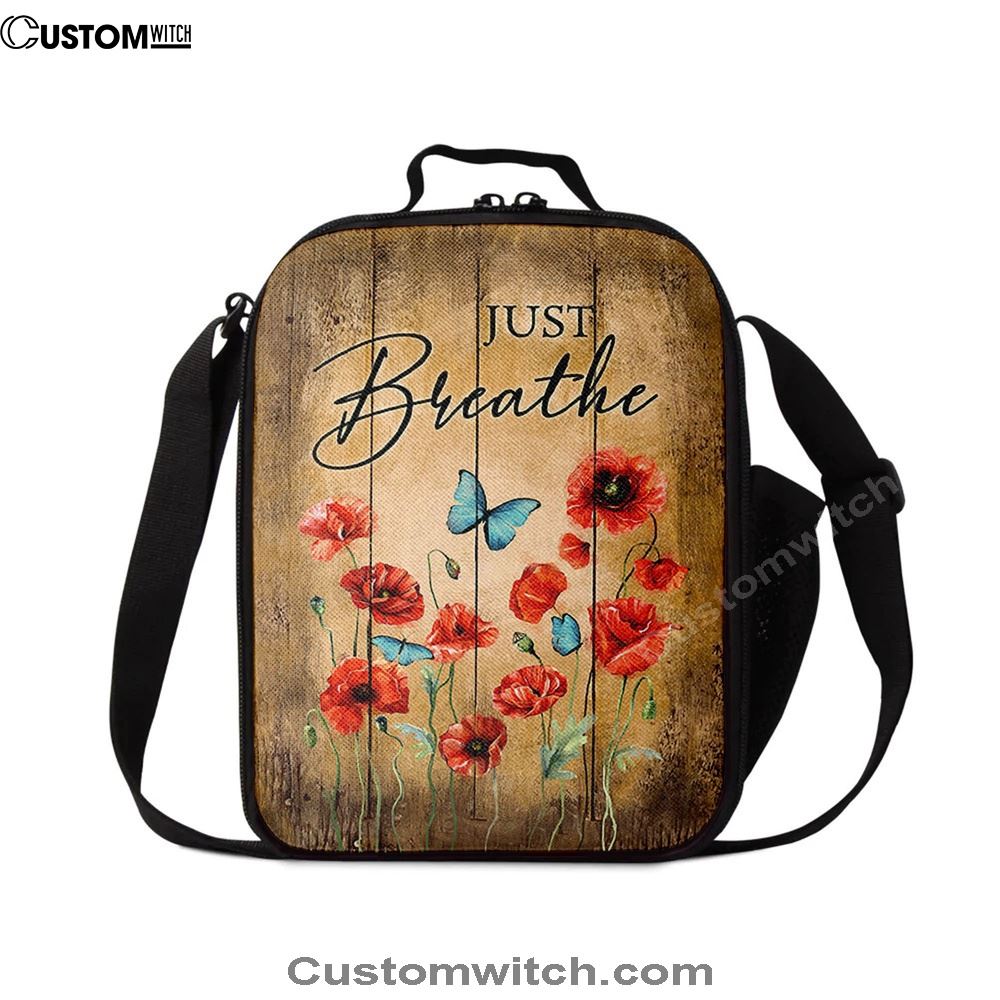 Just Breathe Poppy Blue Butterfly Lunch Bag, Christian Lunch Box For School, Picnic
