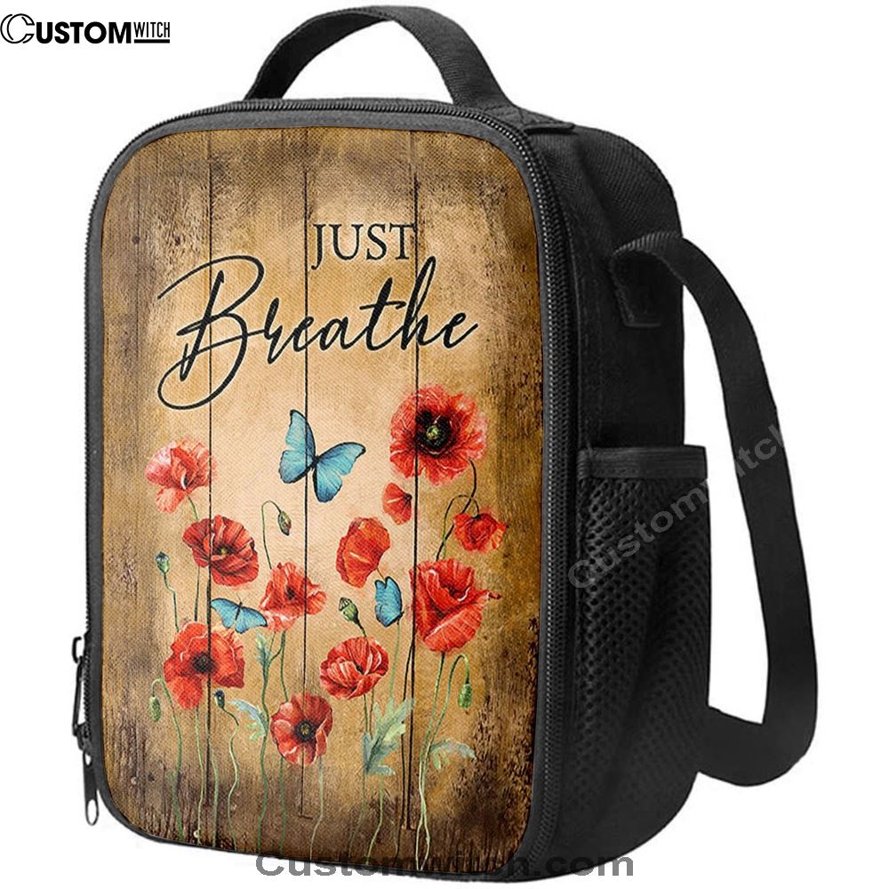 Just Breathe Poppy Blue Butterfly Lunch Bag, Christian Lunch Box For School, Picnic