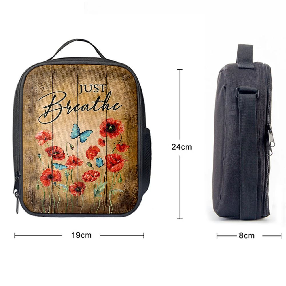 Just Breathe Poppy Blue Butterfly Lunch Bag, Christian Lunch Box For School, Picnic