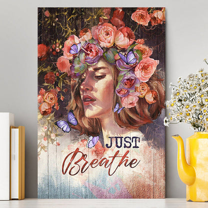Just Breathe Purple Butterfly Girl Canvas Wall Art - Bible Verse Canvas Art - Inspirational Art - Christian Home Decor