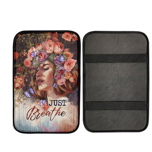 Just Breathe Purple Butterfly Girl Car Center Console Cover, God Car Armrest Accessories